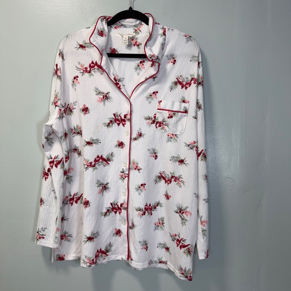 Laura Ashley Womens Pajama Top 1X White Floral Cardinal Ribbed Button Up 9993-37